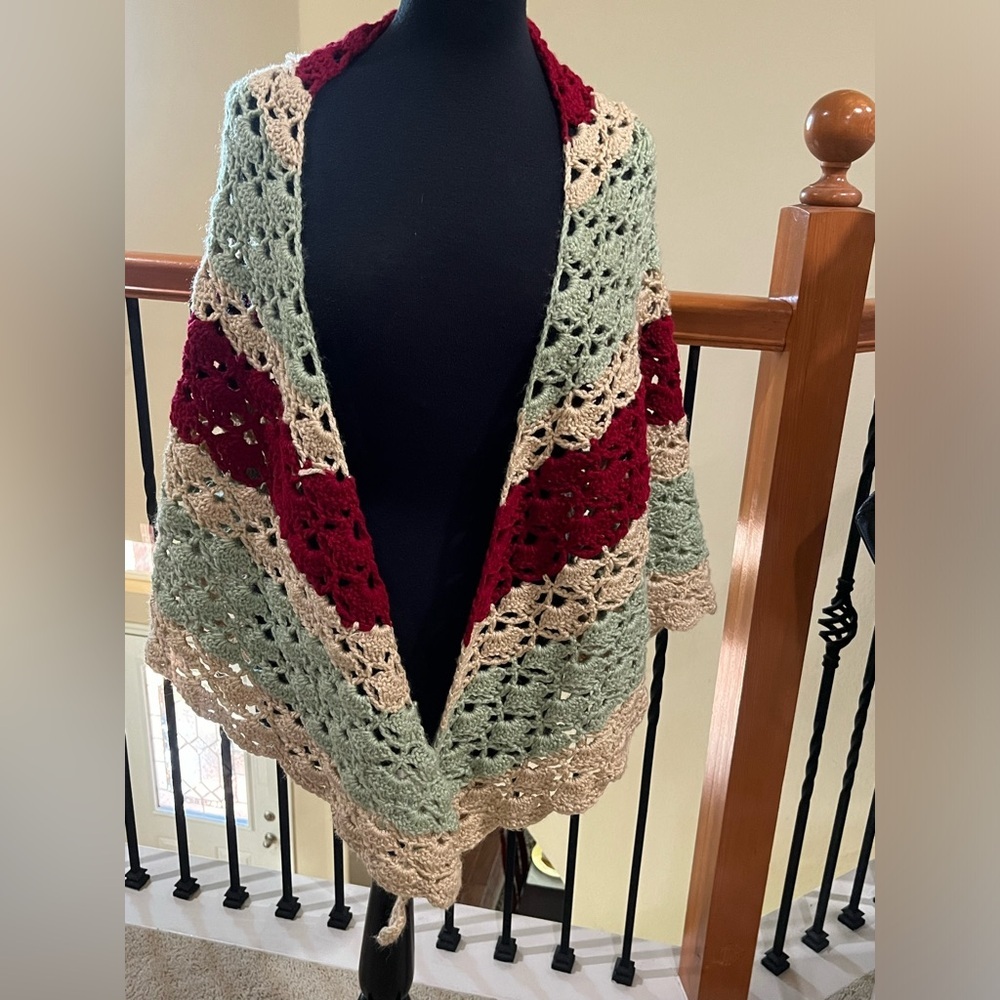 Handmade Crochet Shawl in Sage, Burgundy & Cream BOHO,